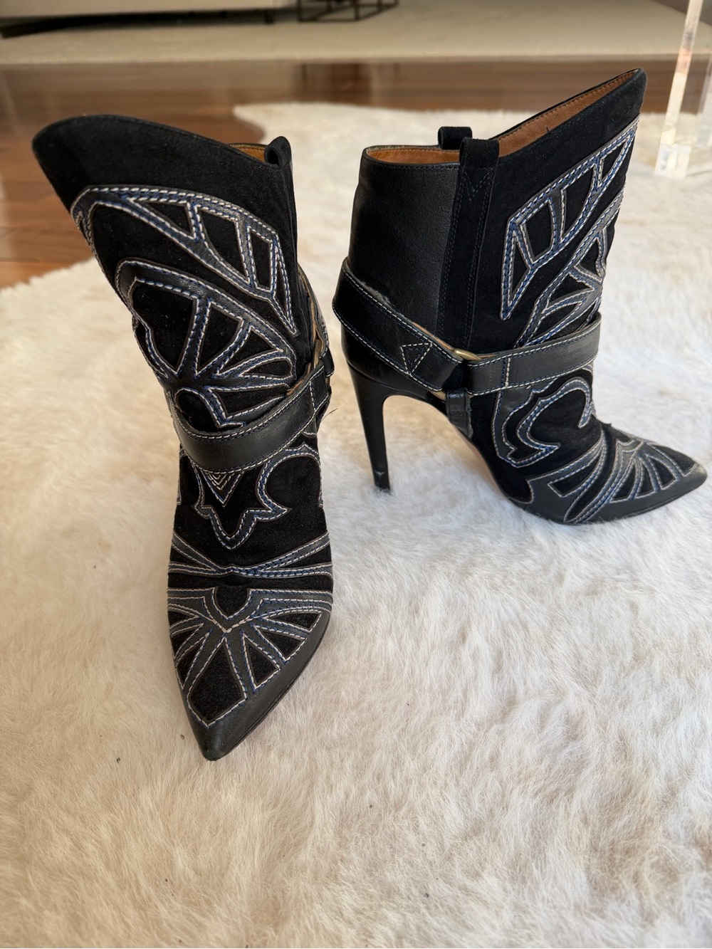 Isabel Marant Suede Embroidered Pointed-Toe Western Ankle Boots - Picture 2 of 7